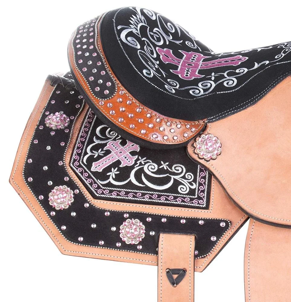 Selle de cheval en cuir Western Barrel en daim rose avec