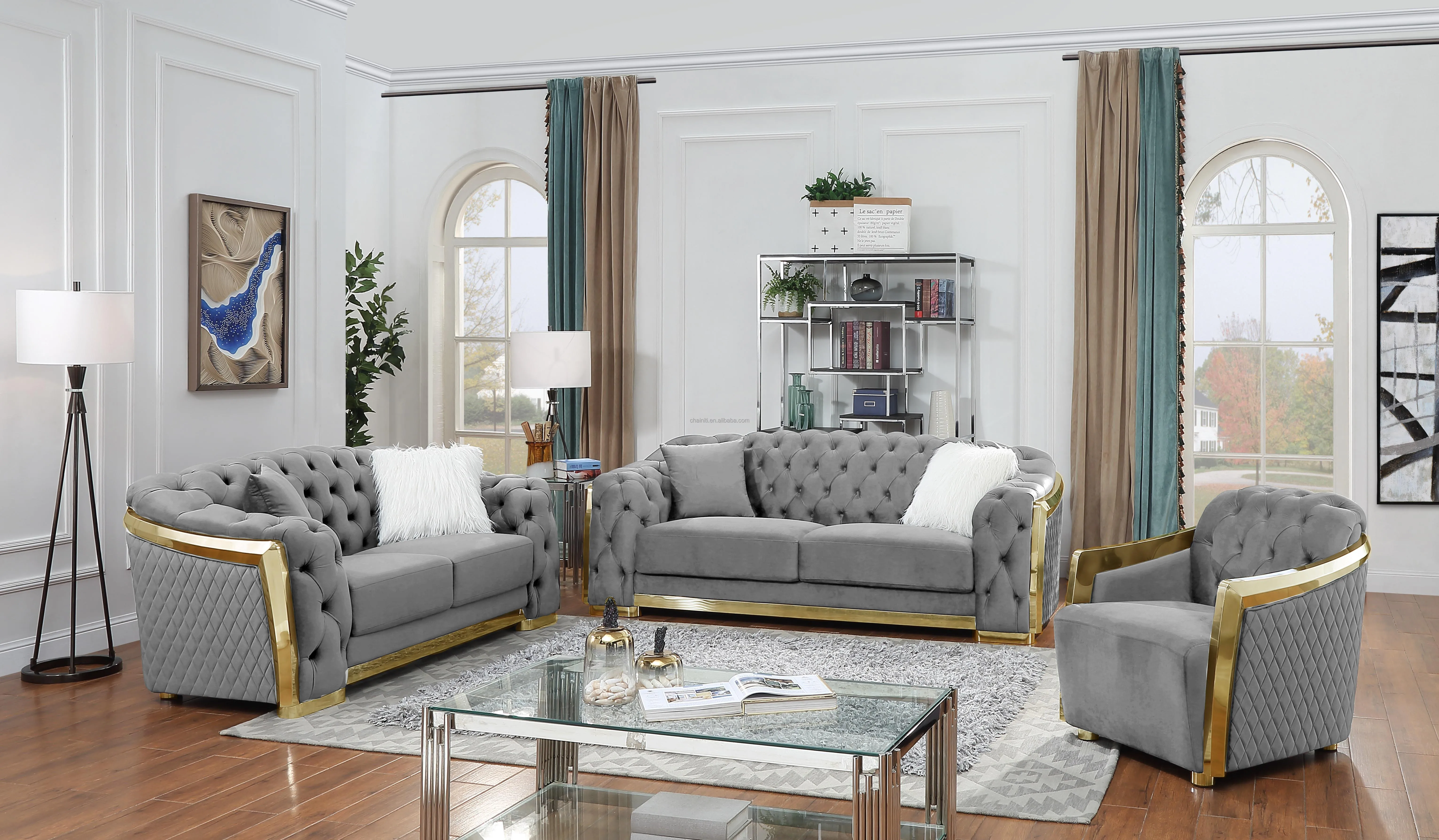 Modern Home Design Velvet Fabric Interior Sofa Set Tufted Sectional ...