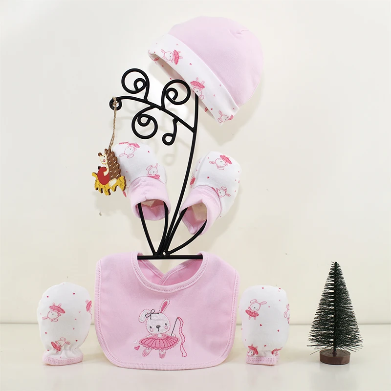Фабричная продажа Высококачественная Милая Детская шапка нагрудник варежки и пинетки комплект для новорожденных девочек маленьких