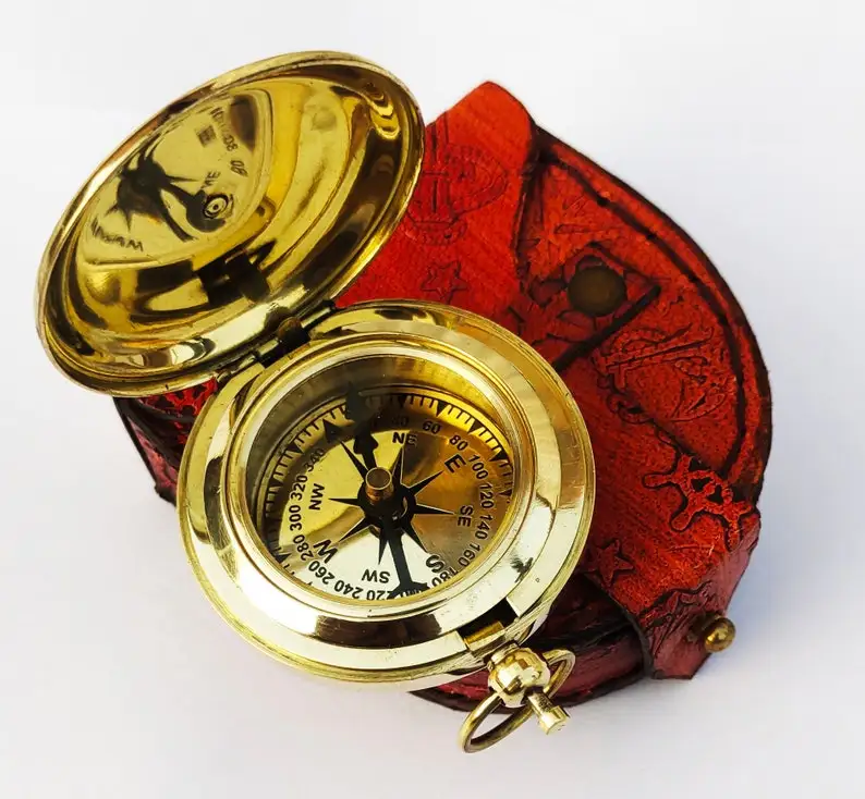 Nautical Brass Sundial Push Button Compass Handmade Marine Pocket Compass Decor 