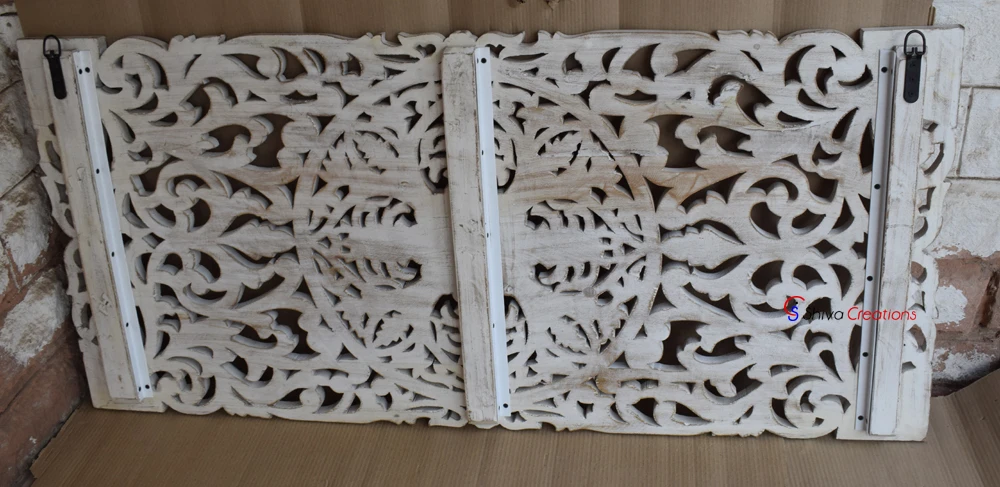 Antique Indian Carved Solid Mango Wood Handmade Eco-friendly Strong Durable Wall Bed Headboard Distress White Finish Customized