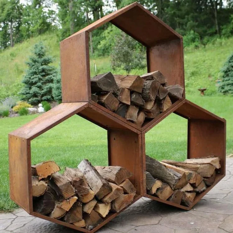 Modern Eco-Friendly Corten Steel Log Holder Garden Outdoor Pentagon Storage  Rack