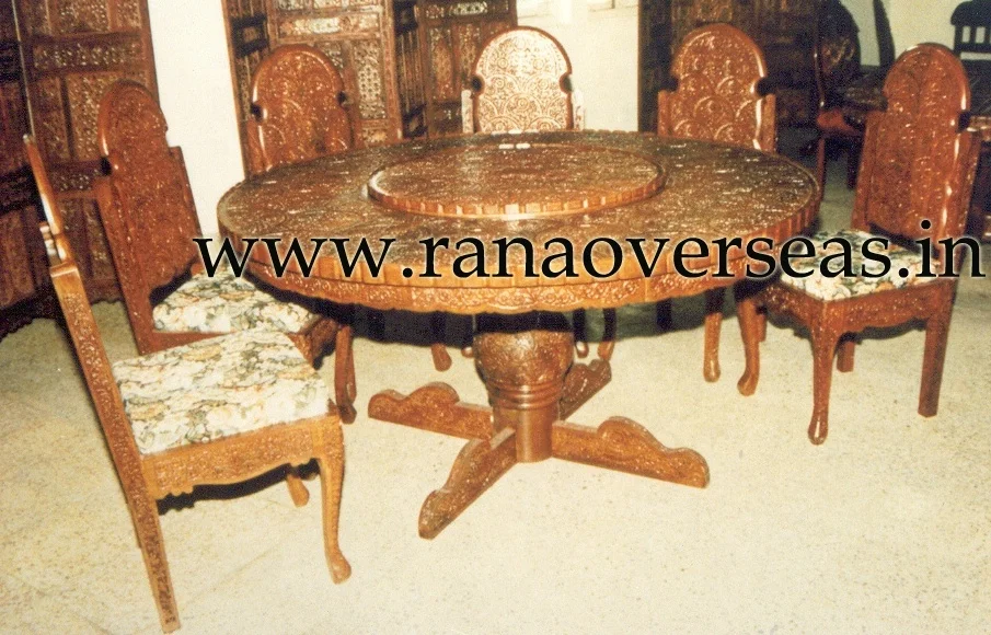 Wooden Handcrafted Dining Table With Six Chair for Home Kitchen and Dining Room in Brown Tone
