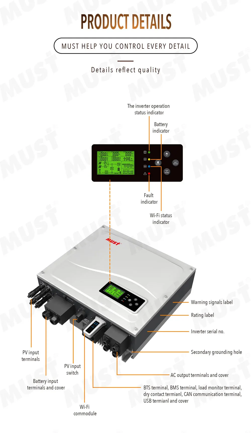 MUST 3.6kw 4.2kw 4.6kw 5kw PH1000 ON/OFF Grid High frequency Hybrid Solar Inverter