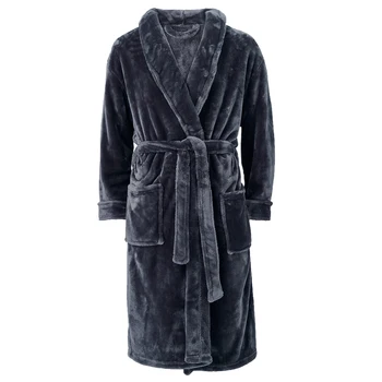 Comfortable Heavy Weight Plain Black Long Sleeve Flannel Bathrobe Plush Supersoft Men's Flannel Robe