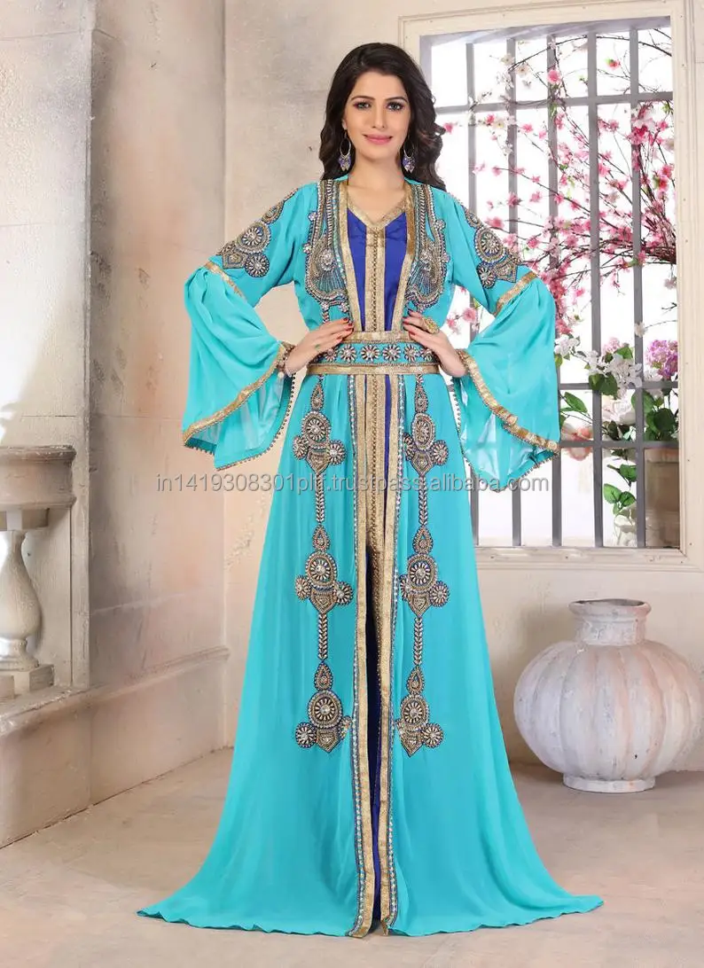 Light Sky Blue Chiffon Long Sleeve Evening Dresses Moroccan Kaftan Gold ...