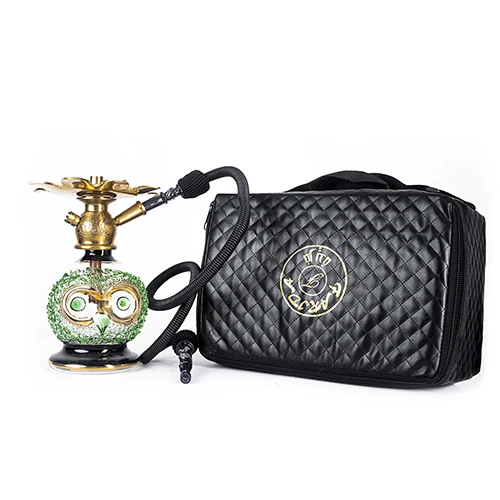 Portable Luxury 1kg Small Hookah with Funky Owl Design Hand Blown Brass Glass Leather and Lacquer Finish