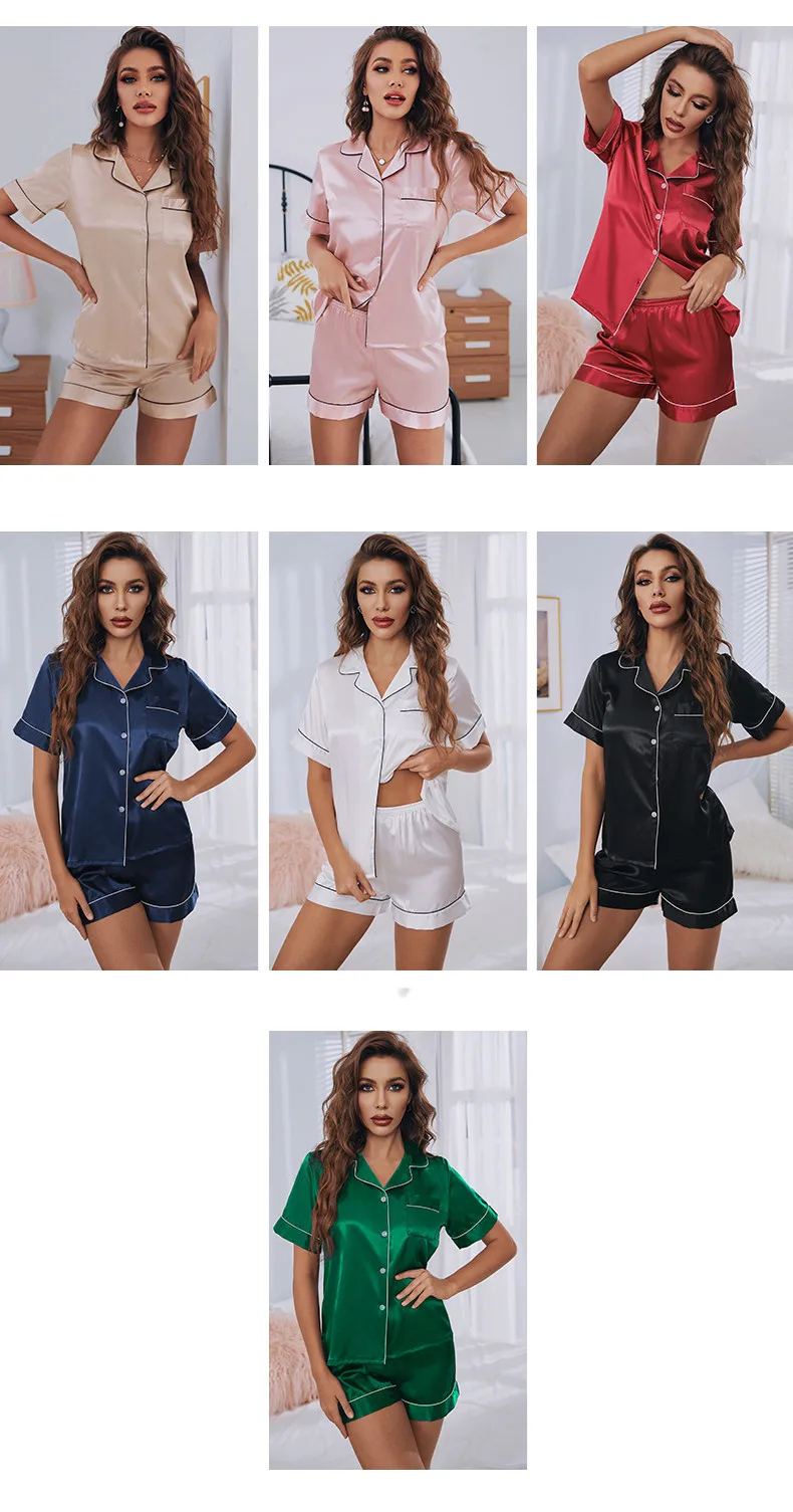Womens Button Down Pajama Sets Satin Summer Short Sleeve Shirt Shorts Pj Suit Plus Size Two