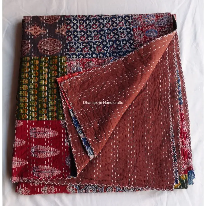 Indian Handmade Hand Block Print King Kantha Quilt Throw Blanket Bedspread Gudri 