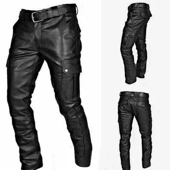 Custom new design black slim fit casual stretchable PU biker motorcycle tight faux men leather pants