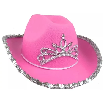 Haiwin Party Pink Bling Cowgirl Hat Novelty Pink Cowboy Hat with Blinking Tiara