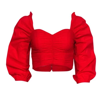 BILLIONS Ruched Plain Cropped Summer Woman Blouses Square Collar Puff Sleeve Sexy Satin Red Blouse
