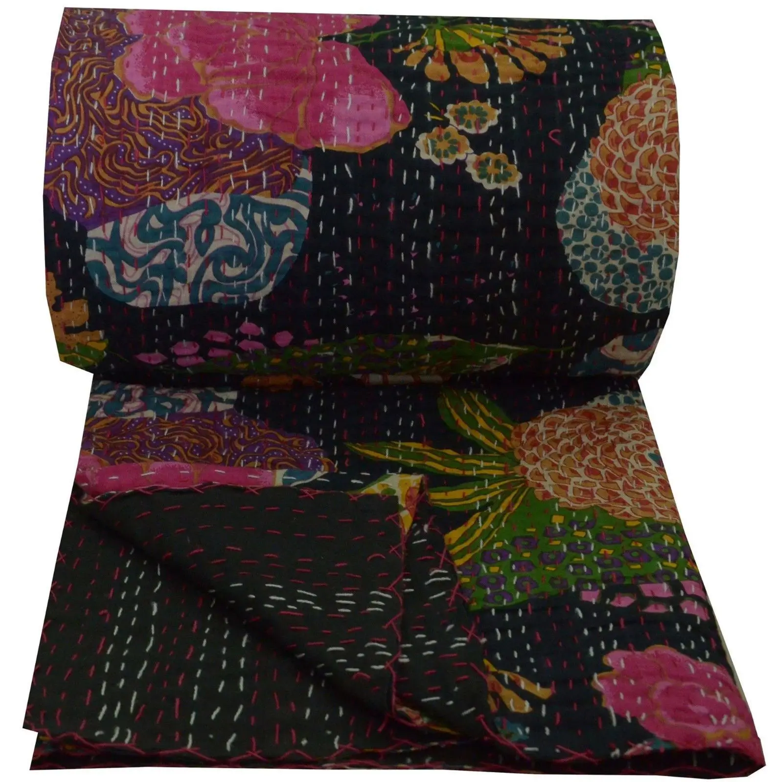 Black Floral Printed Kantha Cotton Feeding Kaftan Loungewear Pyjama Set | Free Size main image 1
