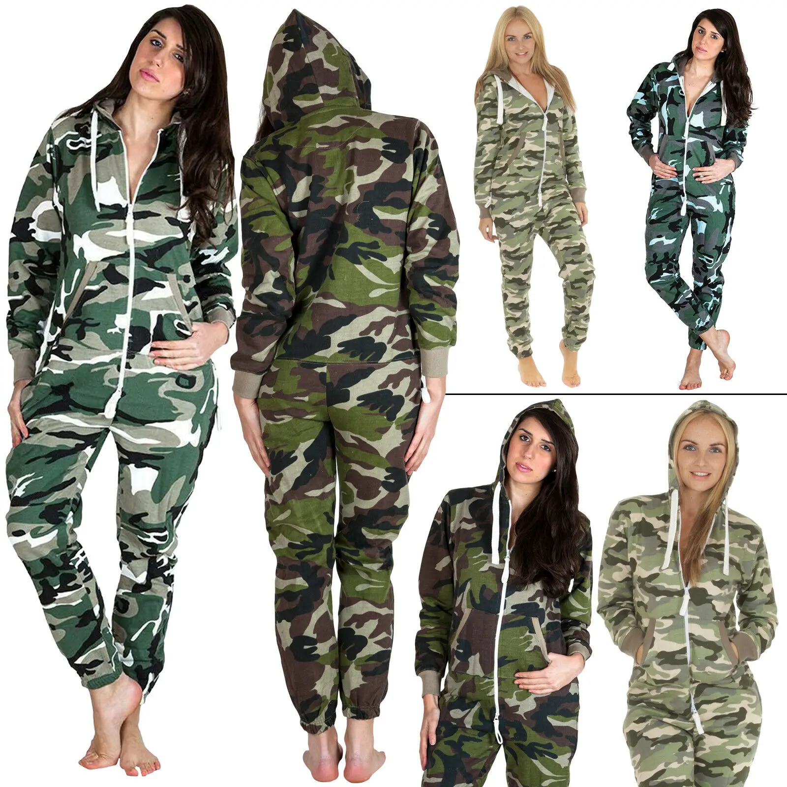 Mens Womens Camouflage Sweatsuit All in One Hooded Jumpsuit Nightwear Pajama Plus Size Ladies Tracksuits