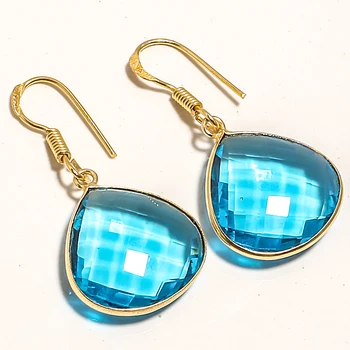 Gold Plated Topaz Earrings Natural Gemstone London Blue Topaz Dangle Drop Earrings Wedding Engagement Jewelry Blue Topaz Earring