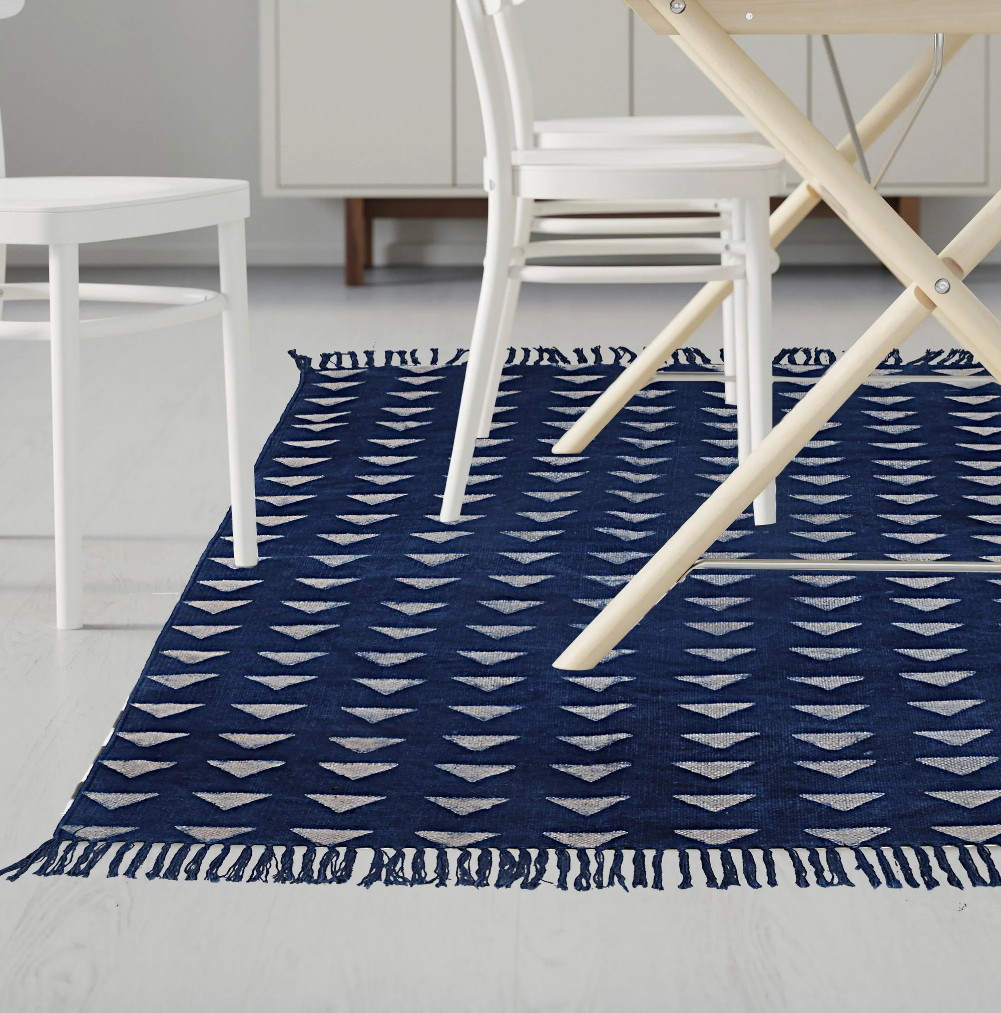 Indigo Block Print Blue Cotton Accent Area Dhurrie Rug Woven Weave Indian Carpet 