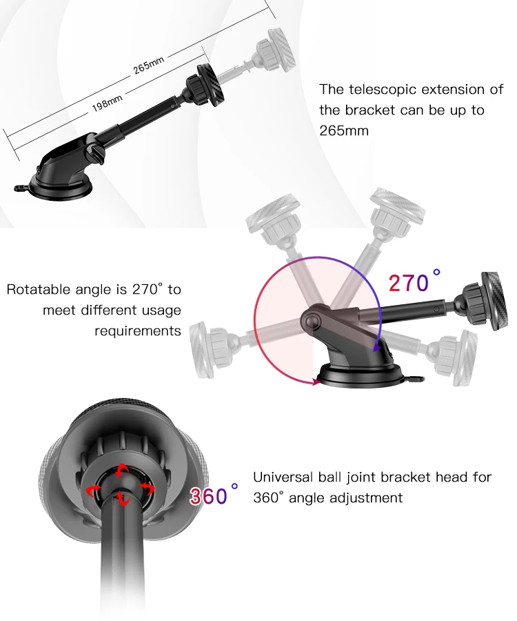 C67 Yesido Angle Adjustable Telescopic Long Arm Mobile Phone Car Holder Universal Magnetic Car Mount Phone