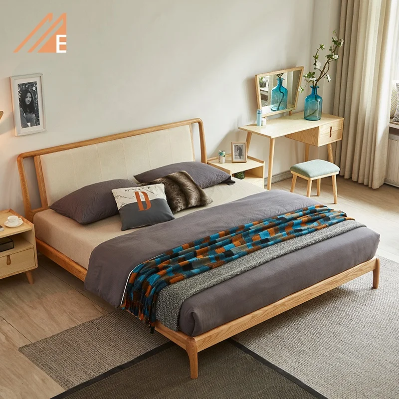 Modern Nordic Design Bedroom Furniture Set Wood Fabric Queen Size Bed Buy Nordic Modern Wooden Double Bed Solid Wood Bedding Sets Queen Size Bed Bedroom Furniture Modern Bed Wood Bed With Fabric Headboard