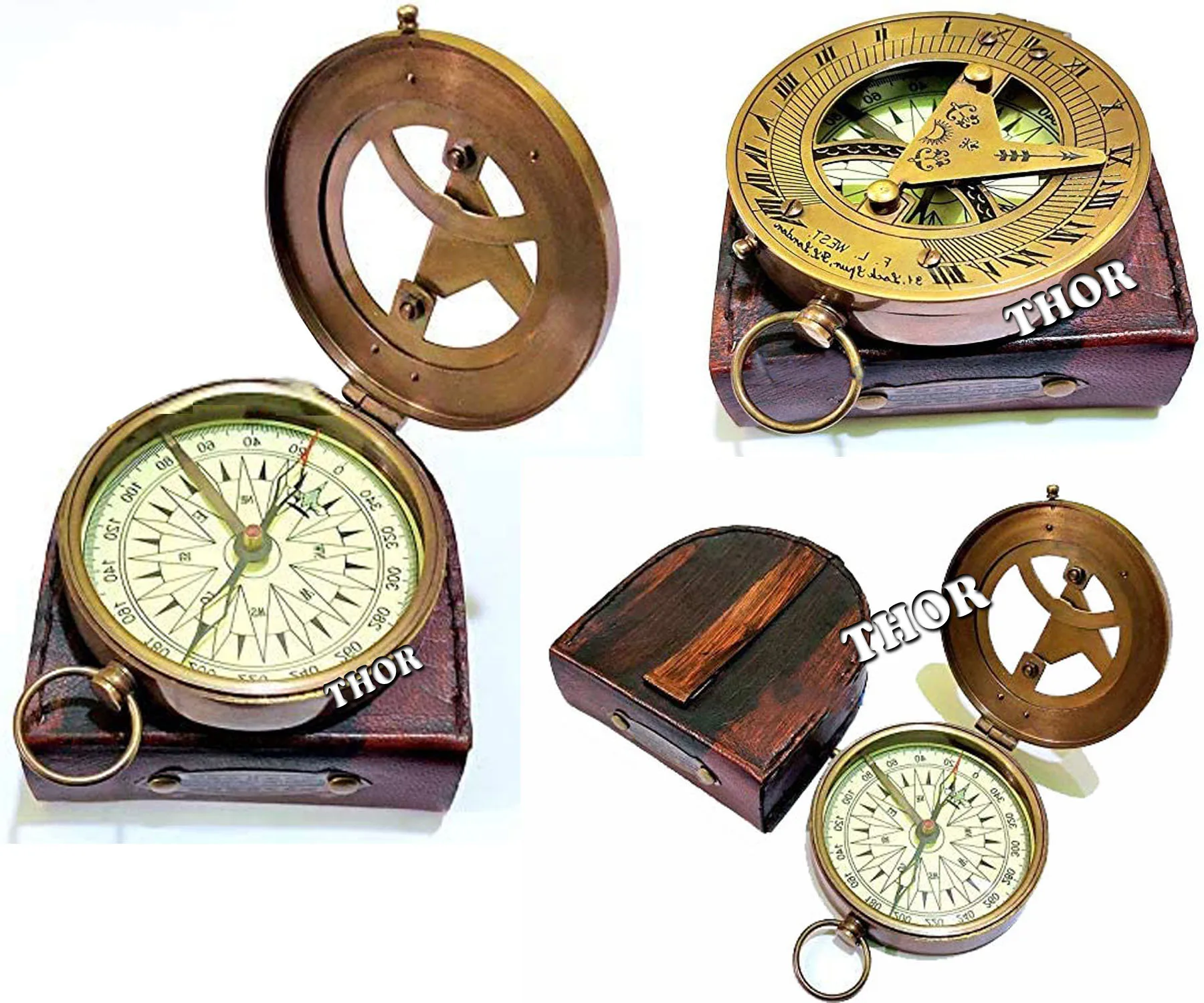 Collectible Vintage Nautical Brass Sundial Compass Working Directional Astrolabeand Leather Case 2618