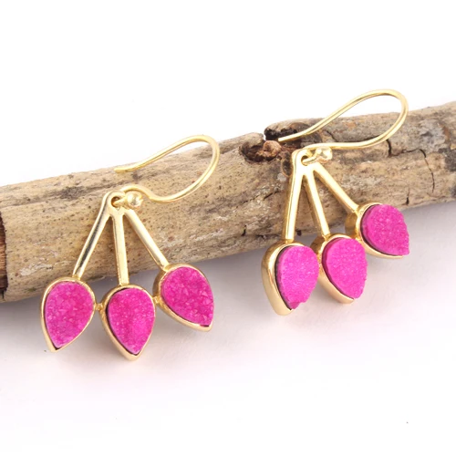 Electroplated Minimalist Earrings Druzy Jewelry Gift For Her Pink Natural Sugar Druzy Gold Plated Drop Dangle Earring Druzy Drop Earrings