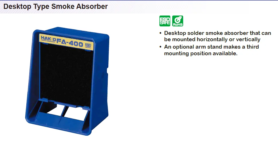 Hakko Fa400 Desktop Smoke Absorber Carbon Filter Esd Rohs Fume