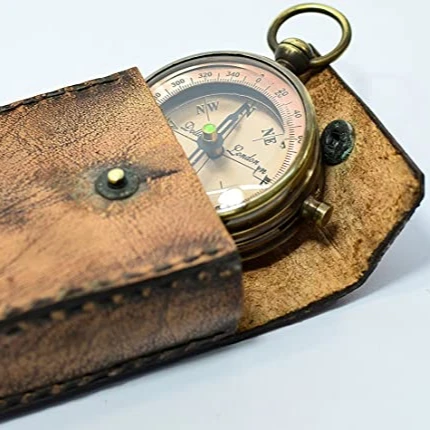 Brass Antique Look Vintage Compass with Real Leather Case Antishock Antique Gift 