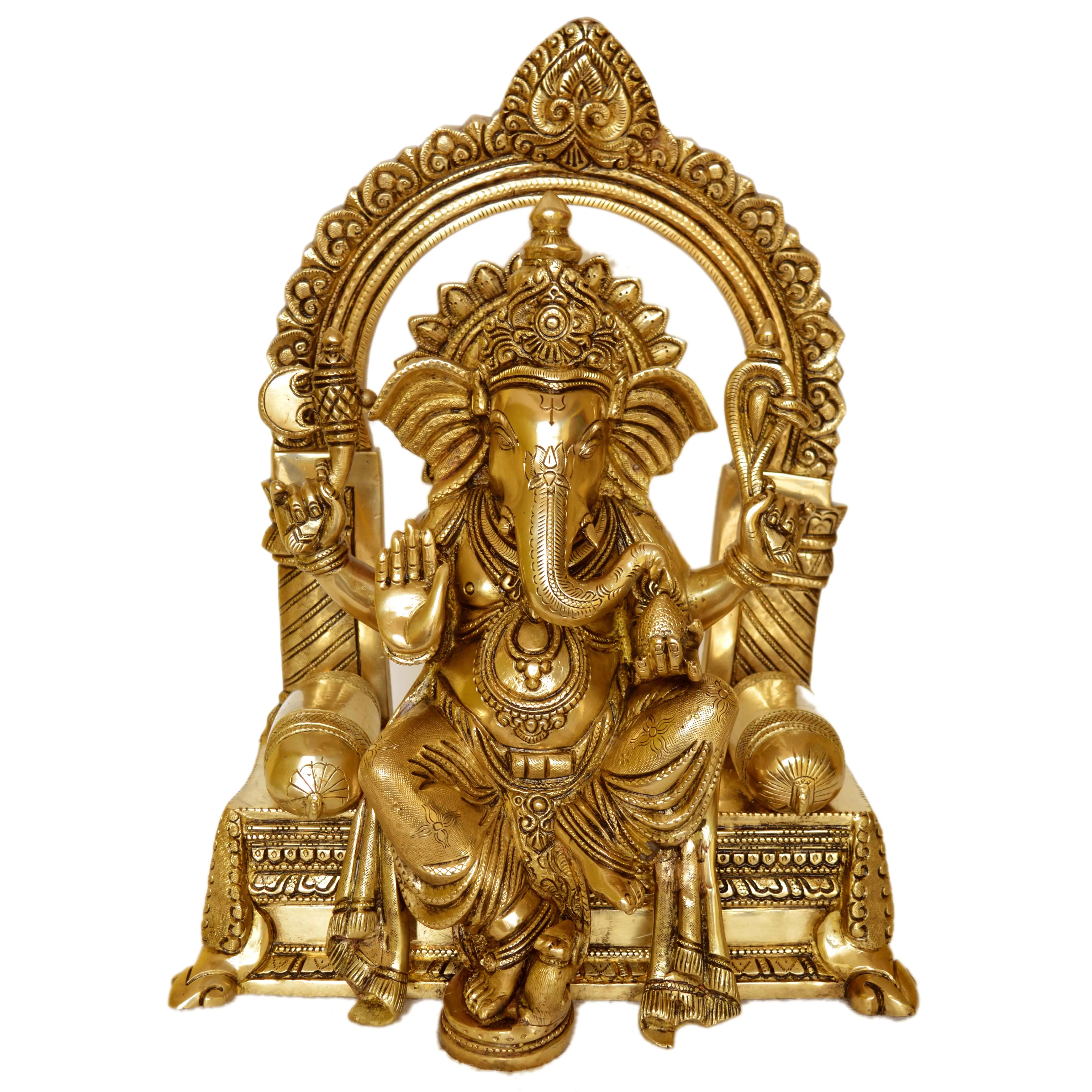Brass Sculpture Lord Ganesha Seated on Chowki Small Sculpture 