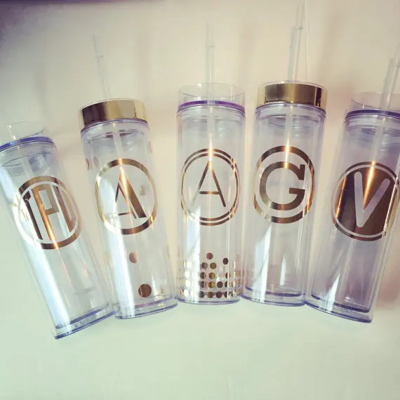 Акриловый прозрачный пластиковый тонкий стакан с логотипом на заказ, 16 унций, с золотой крышкой и соломинкой, стакан с двойными стенками, многоразовая чашка