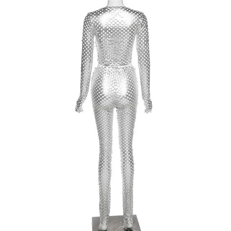 New Arrivals Nightclub Sexy Fall Women Clothes Sliver Long Sleeve Hollow Out Slim Pants Two Piece Sets