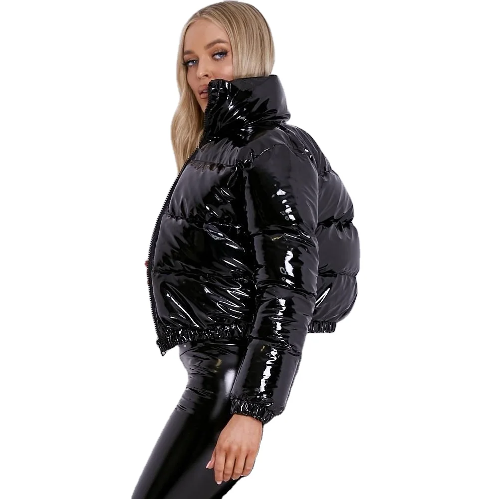 Black Color Shiny Oversize Cropped Puffer Jacket Women's Bubble Jacket ...