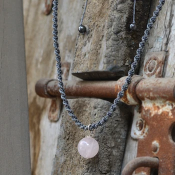 Hematite rose quartz beaded necklace stone Indian manufacturer 6 mm bead 14 mm rose quartz stone pendant