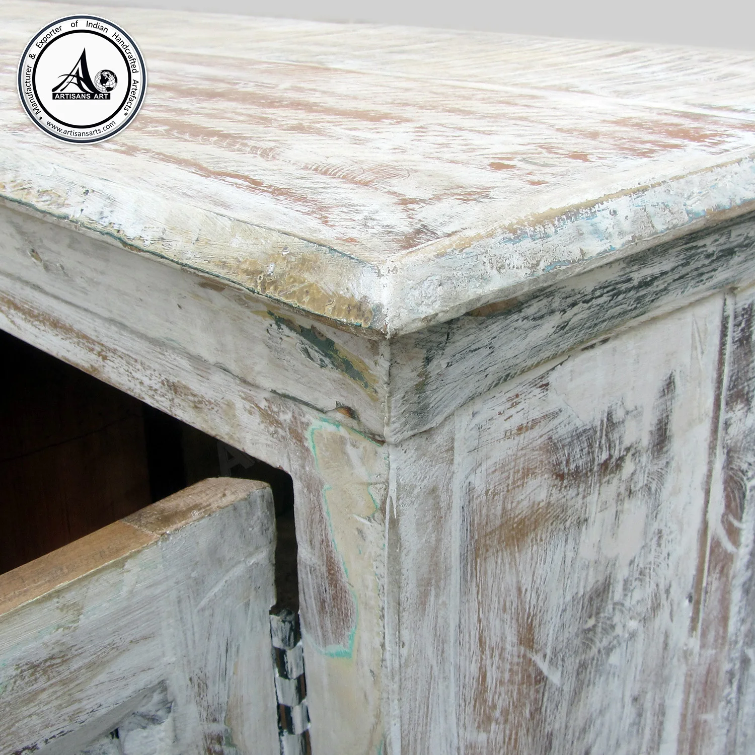 White Distressed Reclaimed Wood Hand Carved Tv Unit Unique Handmade