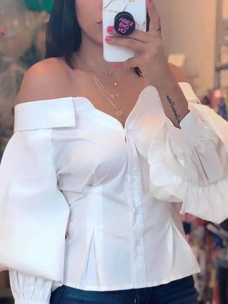New Stylish Young Girls Wearing Long Sleeve American Style Fancy White Tops and Blouses