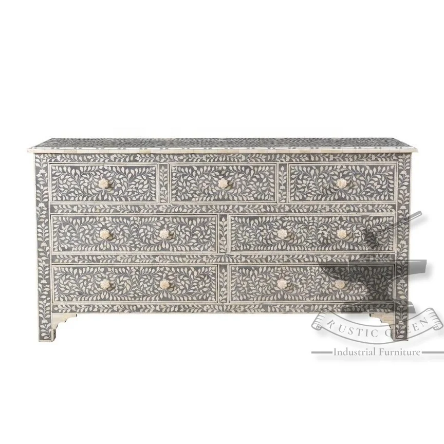 Large Bone & Inlay Chest of Drawers Grey and White color