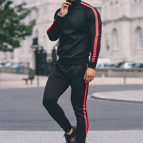 mens black tracksuit with red stripe