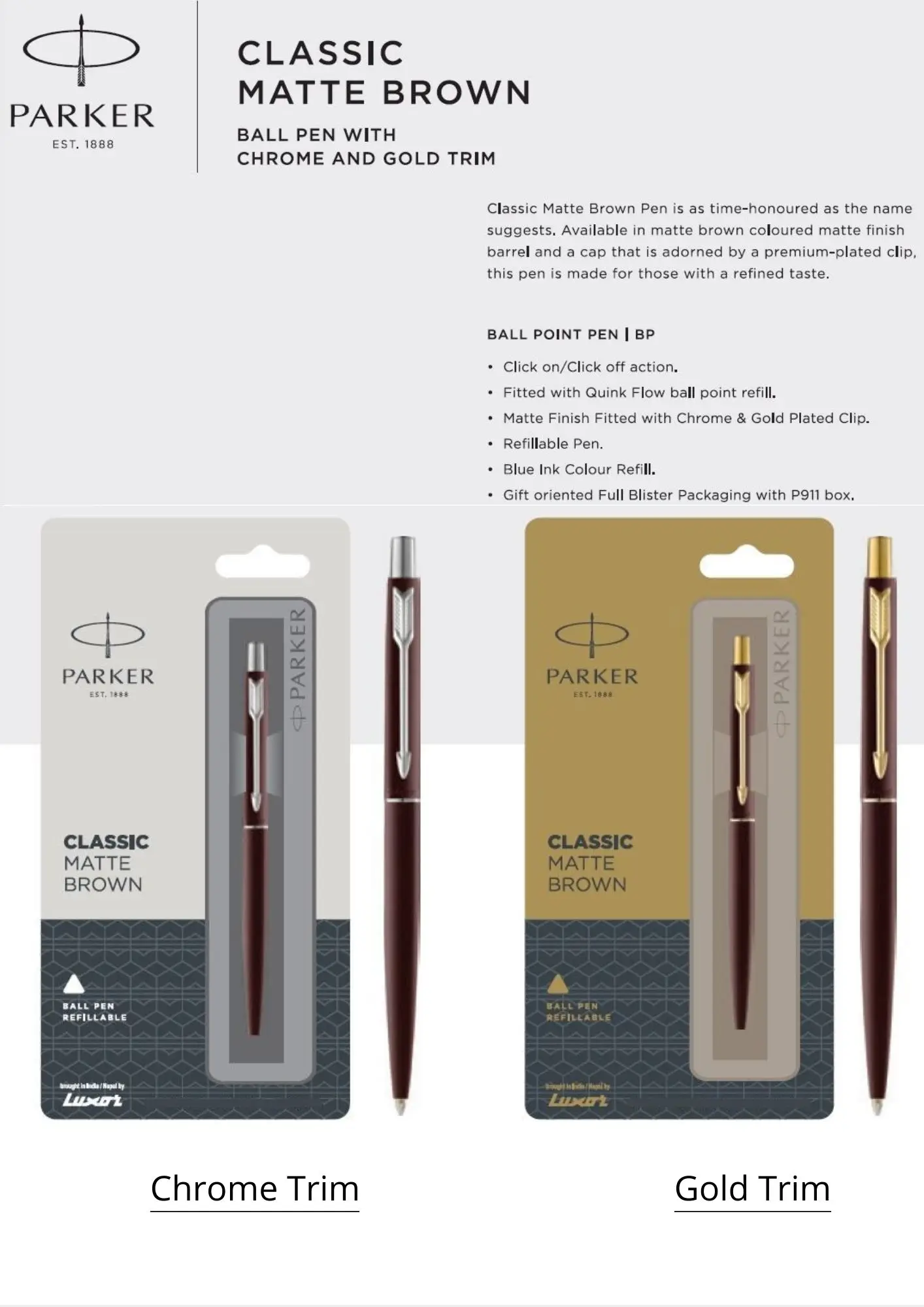 PARKER CLASSIC MATTE BROWN BALL PEN WITH CHROME AND GOLD TRIM BLUE INK 
