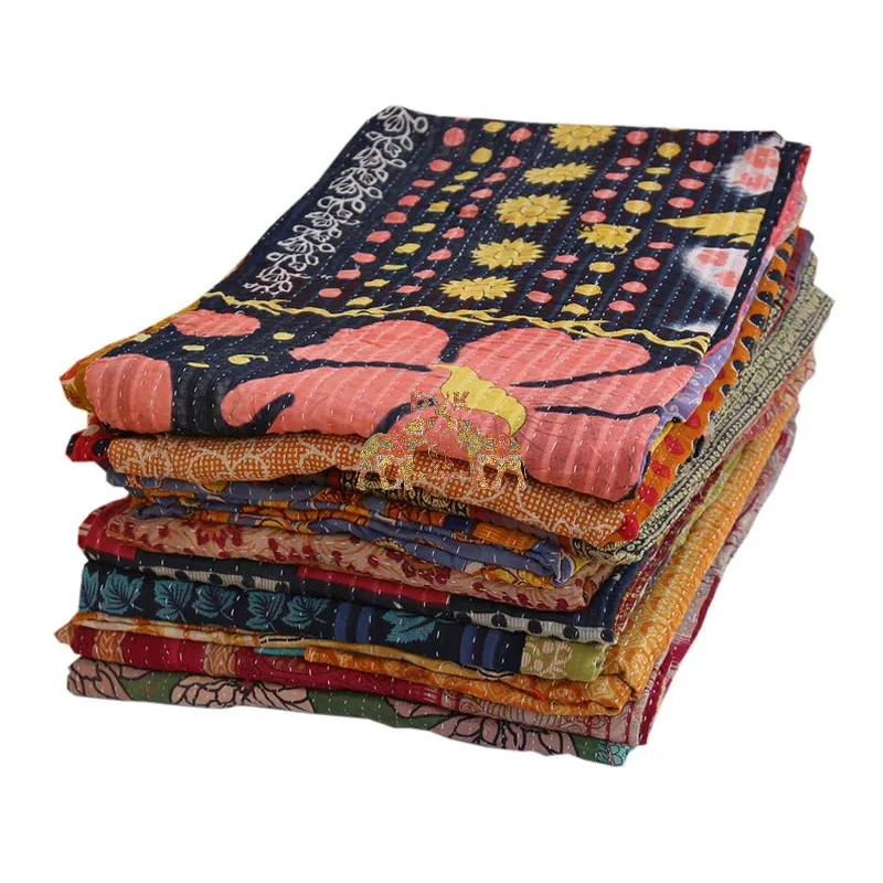 Authentic Indian Kantha Quilt Vintage Patchwork Bedspread from Old Sarees