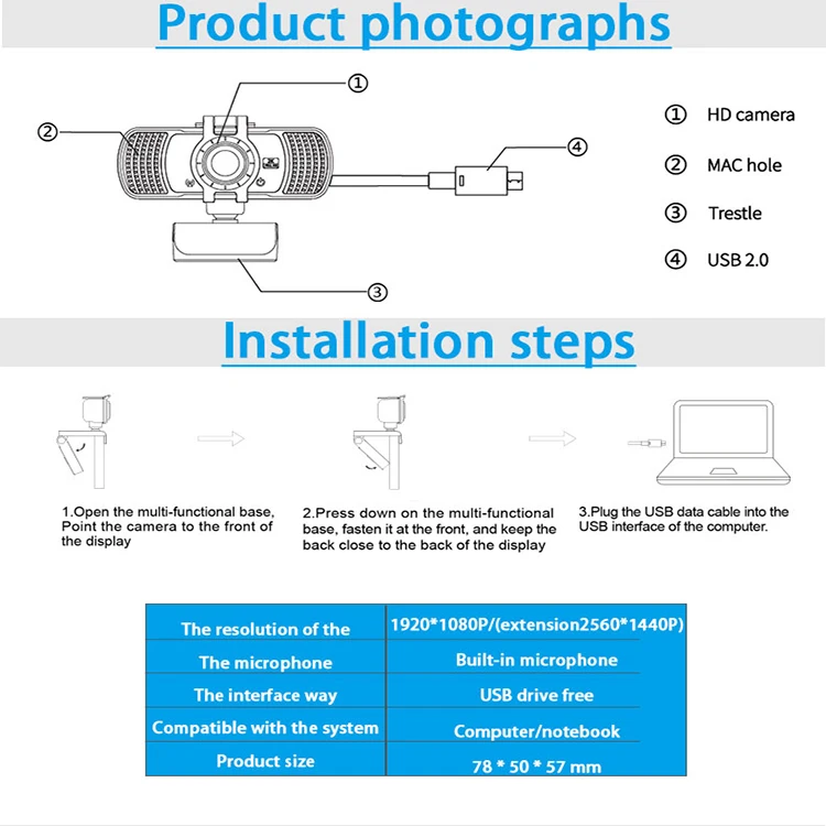 USB Interface Full HD 2K with Stereo Microphone CMOS Image Sensor Clear Cutout PC Boy Webcam