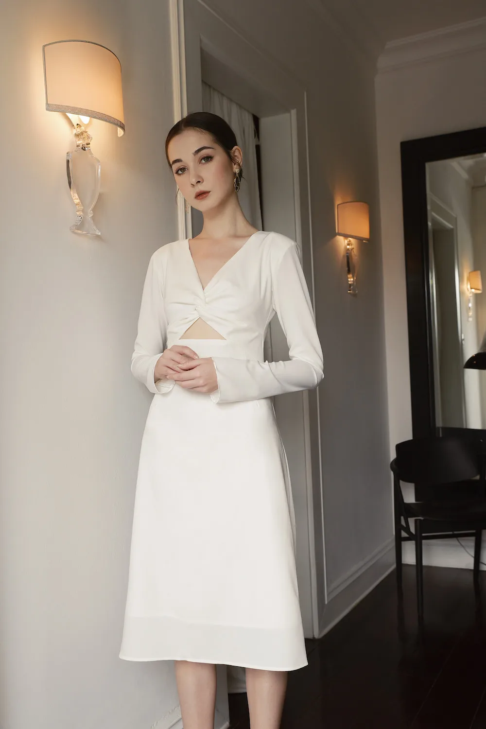 Women's A-Line Chiffon Solid Midi Dresses with Zippers Long Sleeve Natural Waistline Casual & Party Wear Made in Vietnam