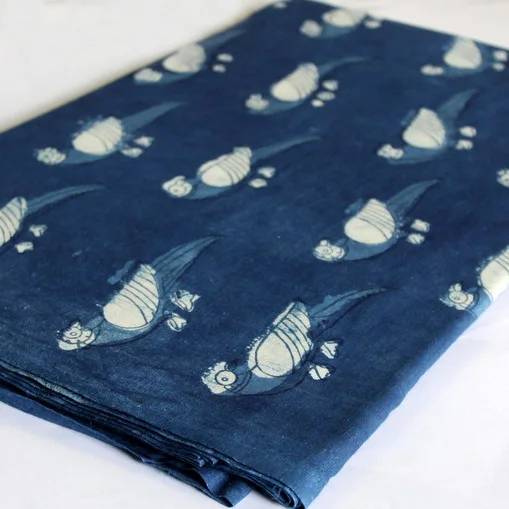 Ткань цвета индиго с животным принтом, экологически чистый натуральный хлопок ручной работы