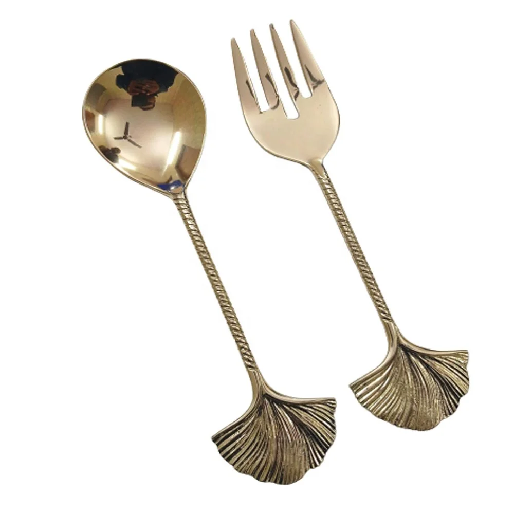 Посеребренная салатная подстилка из нержавеющей стали с латунной тисненой ребристой ручкой Дизайн пальмы Западный салатный сервер бюстгальтеры в стиле