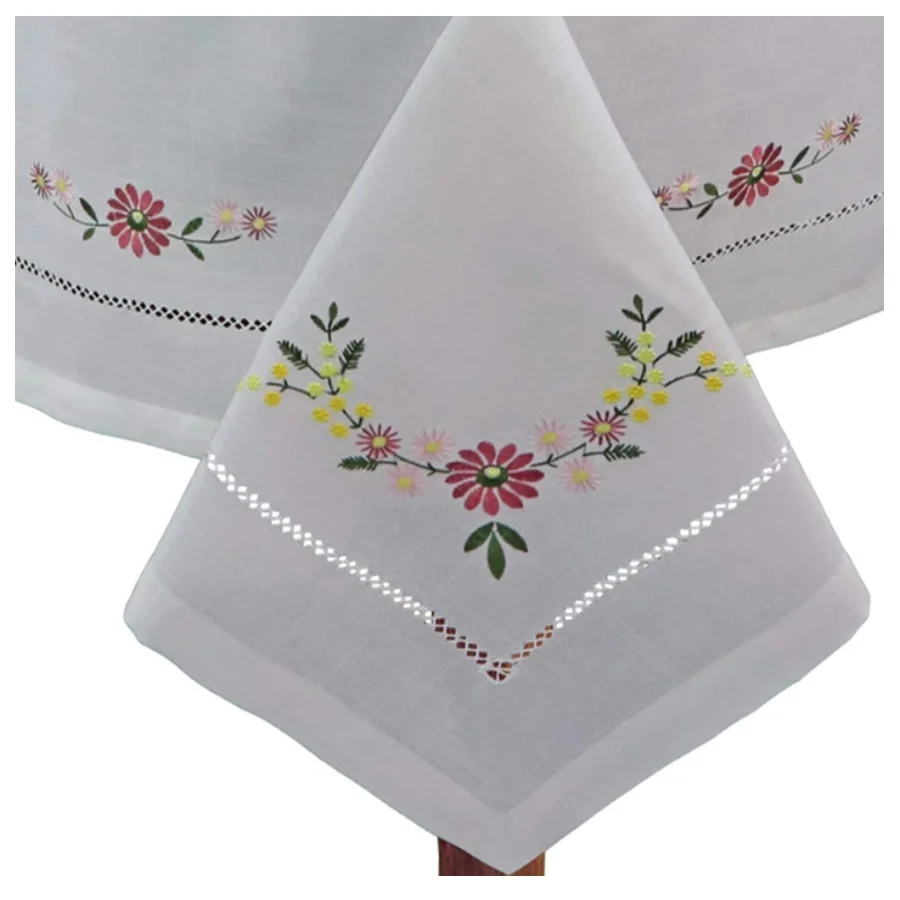 Embroidery Daisy Table Cloth High Quality Classical Hemstitch Cotton