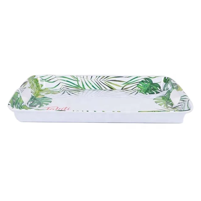 Plant Pattern Custom Logo Colorful Food Preservation Tray Plastic Melamine Serving Trays for Lunch Dinner Breakfast