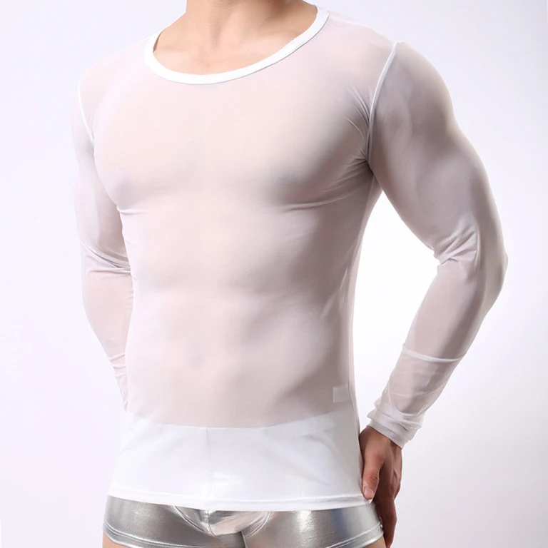 Mens Mesh Shirt See Through Sheer Long Sleeves T Shirts Slim Fit Male