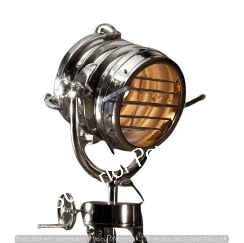 Vintage-DESIGNER-Industrial-Chrome-Nautical-SPOT-SEARCHLIGHT-Tripod-Floor-LAMP 