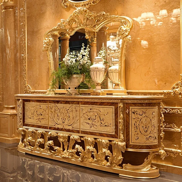 Grand Palace Living room furniture Gold Royal Hand Made Carved Wood Italian Classic style Antique Luxury Glass Cabinet Display