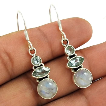 Blue topaz & rainbow moonstone gemstone earring women fashion 925 sterling silver jewelry artisan handmade silver earrings