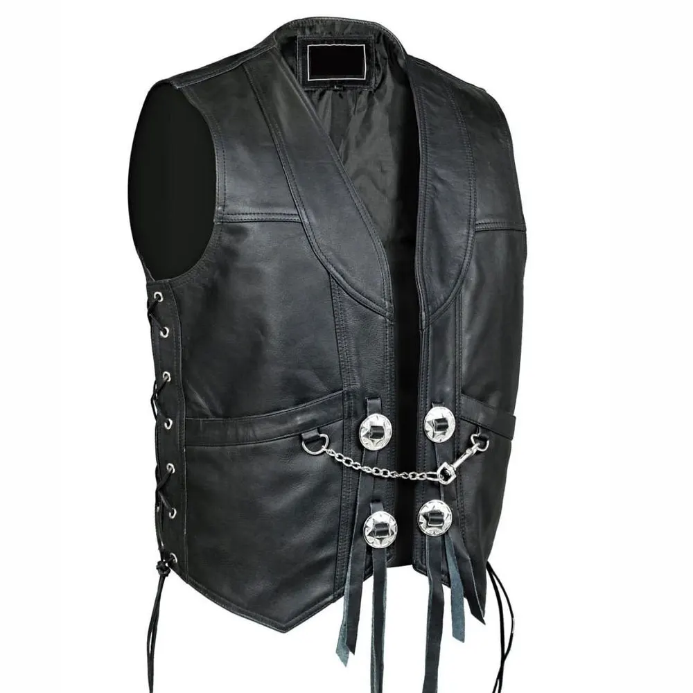 Mens Real Leather Biker Style Waistcoat Black Genuine Leather Motorcycle Vest 