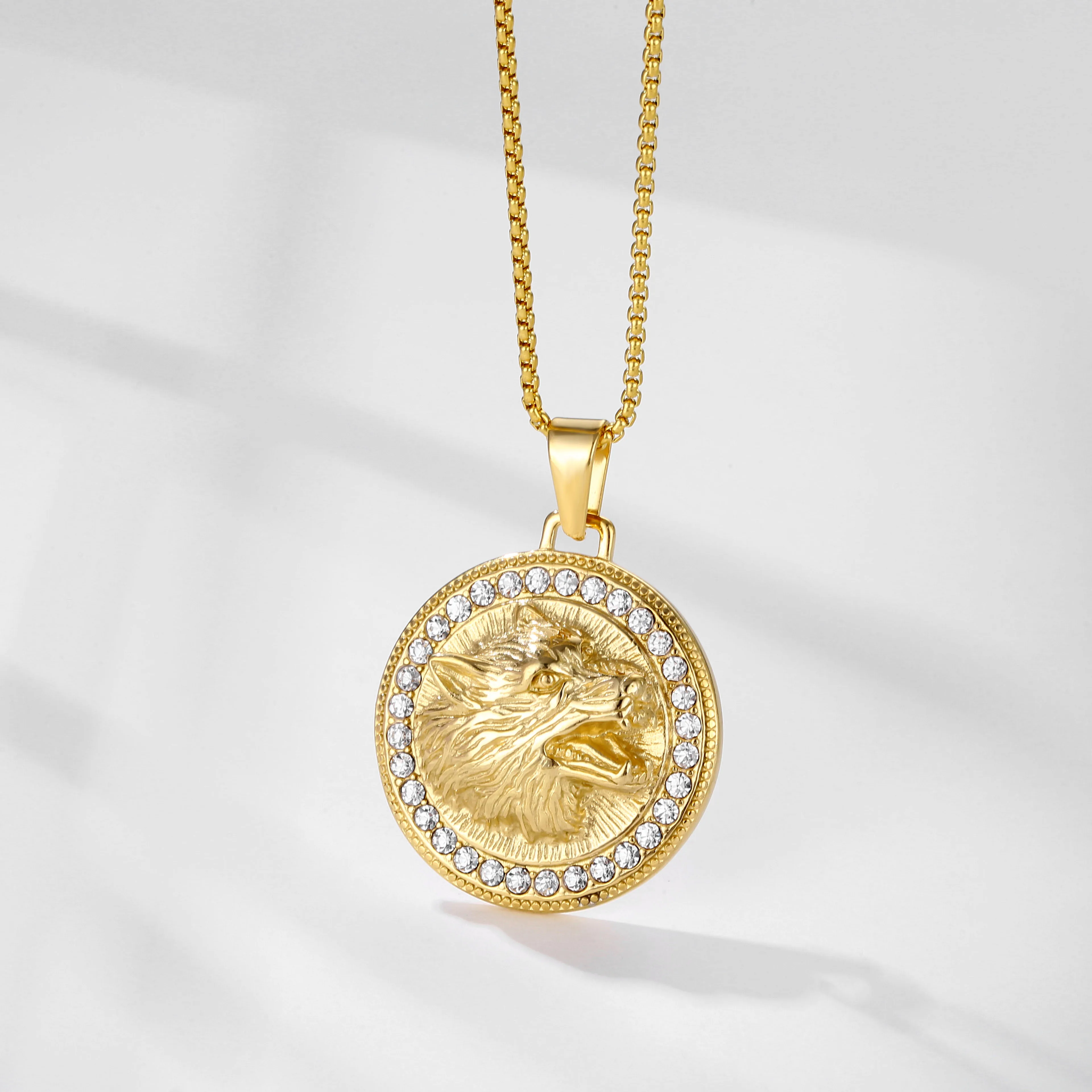 Cool Men Boy Lion King Necklace - Stainless Steel Rhinestones
