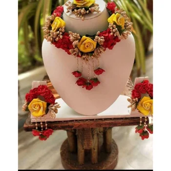 Handmade Indian Fashion Flower Traditional Ethnic Floral Jewelry set multi color Necklace ,Earrings and Bracelets Beach Wedding